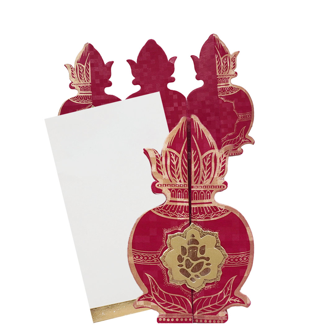 Red Gold Lotus Kalash Wedding Card KNHM810R