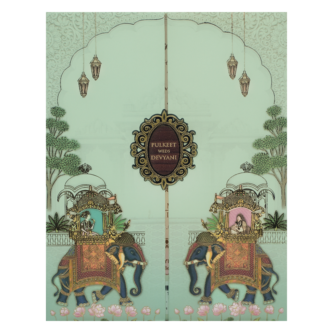 Green Royal Elephant Gatefold Padded Wedding Card-KJTS1834