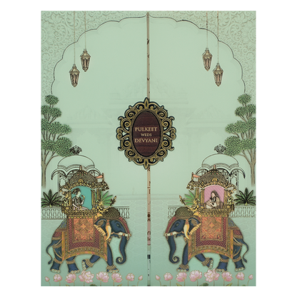 Green Royal Elephant Gatefold Padded Wedding Card-KJTS1834