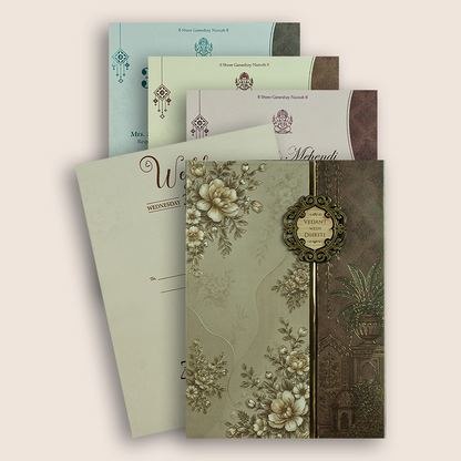 Beige Floral Padded Door Style Wedding Invitation - KSH18840