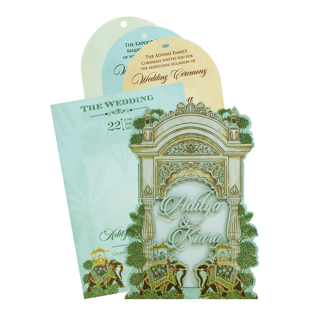 Mint Green Palace Elephant Laser Cut Wedding Card - KFR15130
