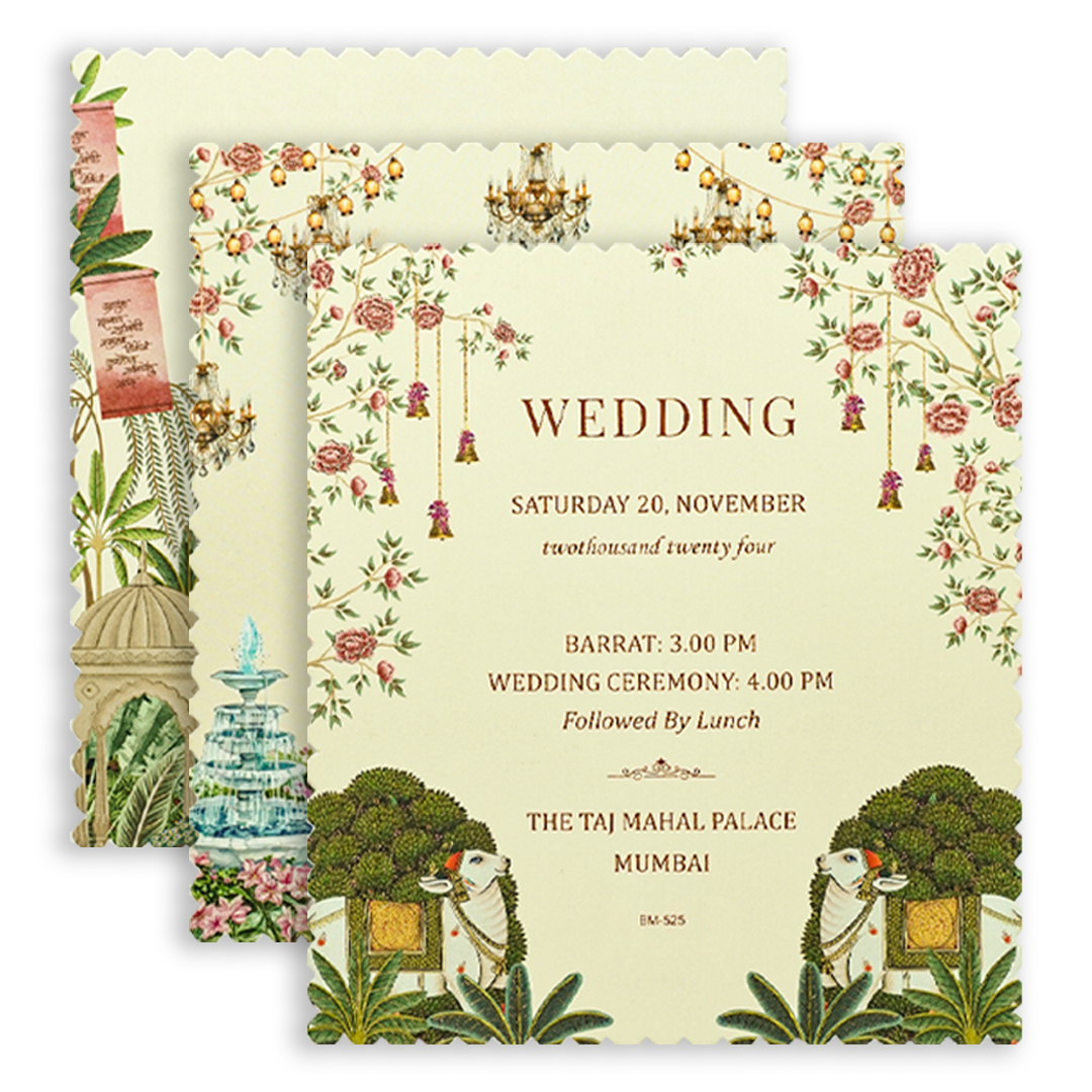 Green Elephant Peacock Padded Wedding Card-KBM05250