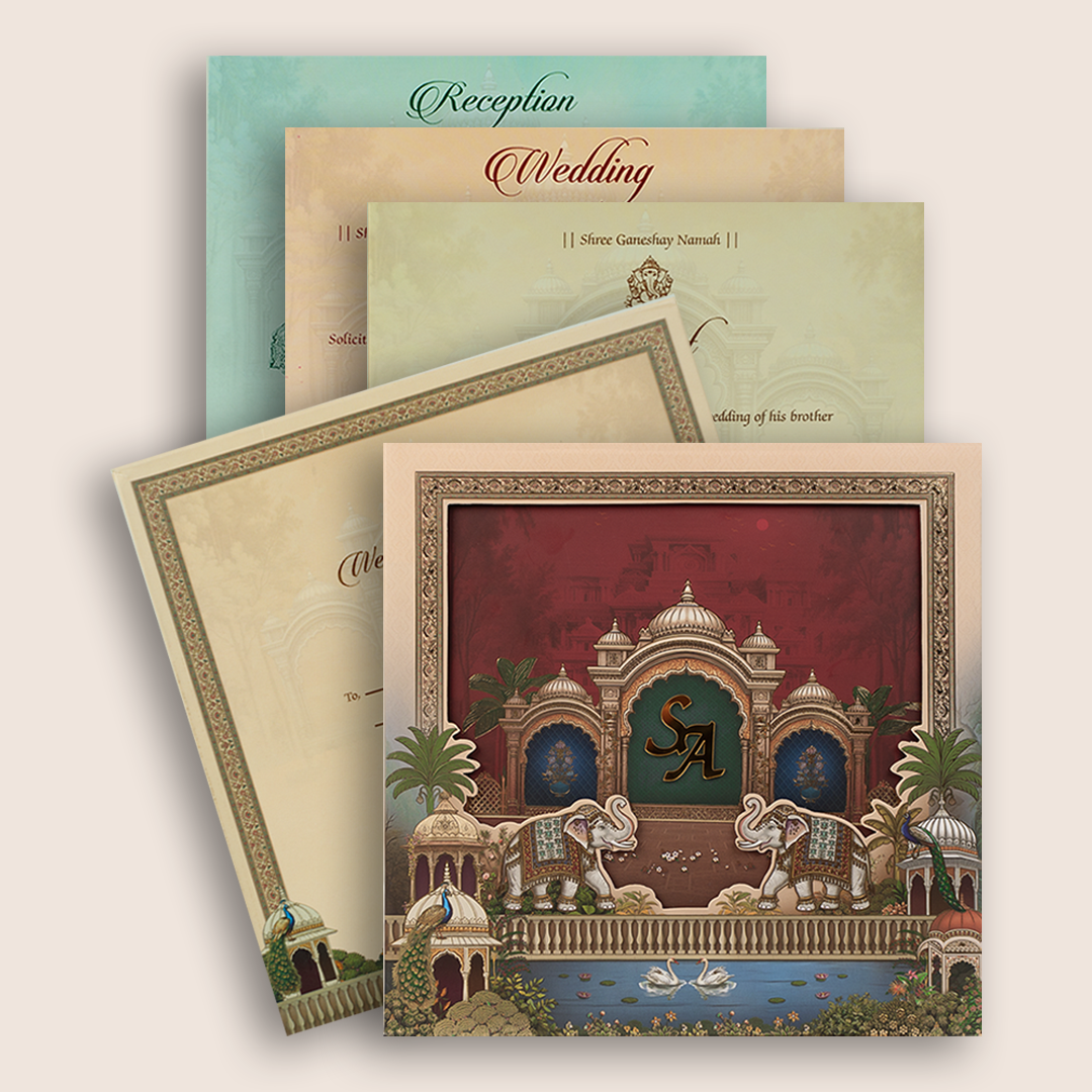Maroon Elephant Laser Cut Padded Wedding Card - KRB10610