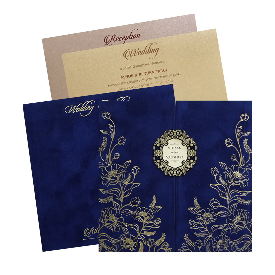 Blue Gold Floral Padded Wedding Card - KMMWD1131