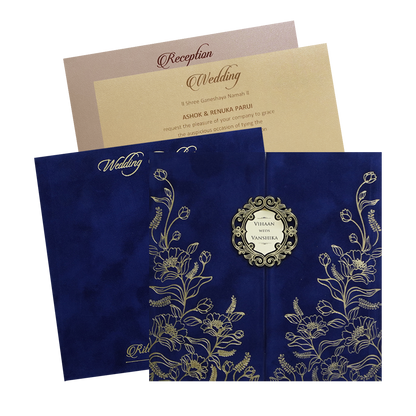Blue Gold Floral Padded Wedding Card - KMMWD1131