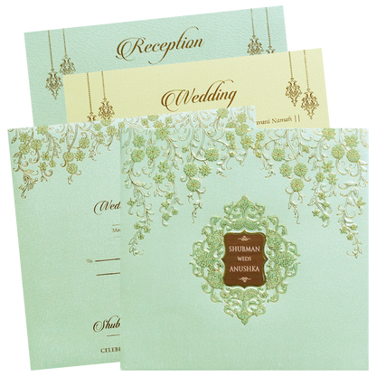 Pista Green Padded Embossed Floral Wedding Invitation Card-KRB09571