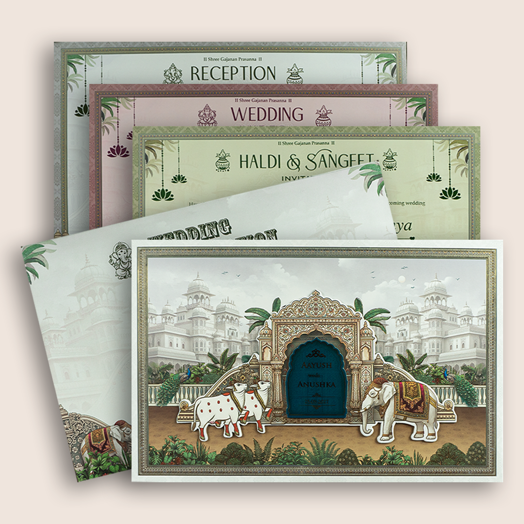 White Elephant Kamadhenu Padded Wedding Invitation - KSH18120
