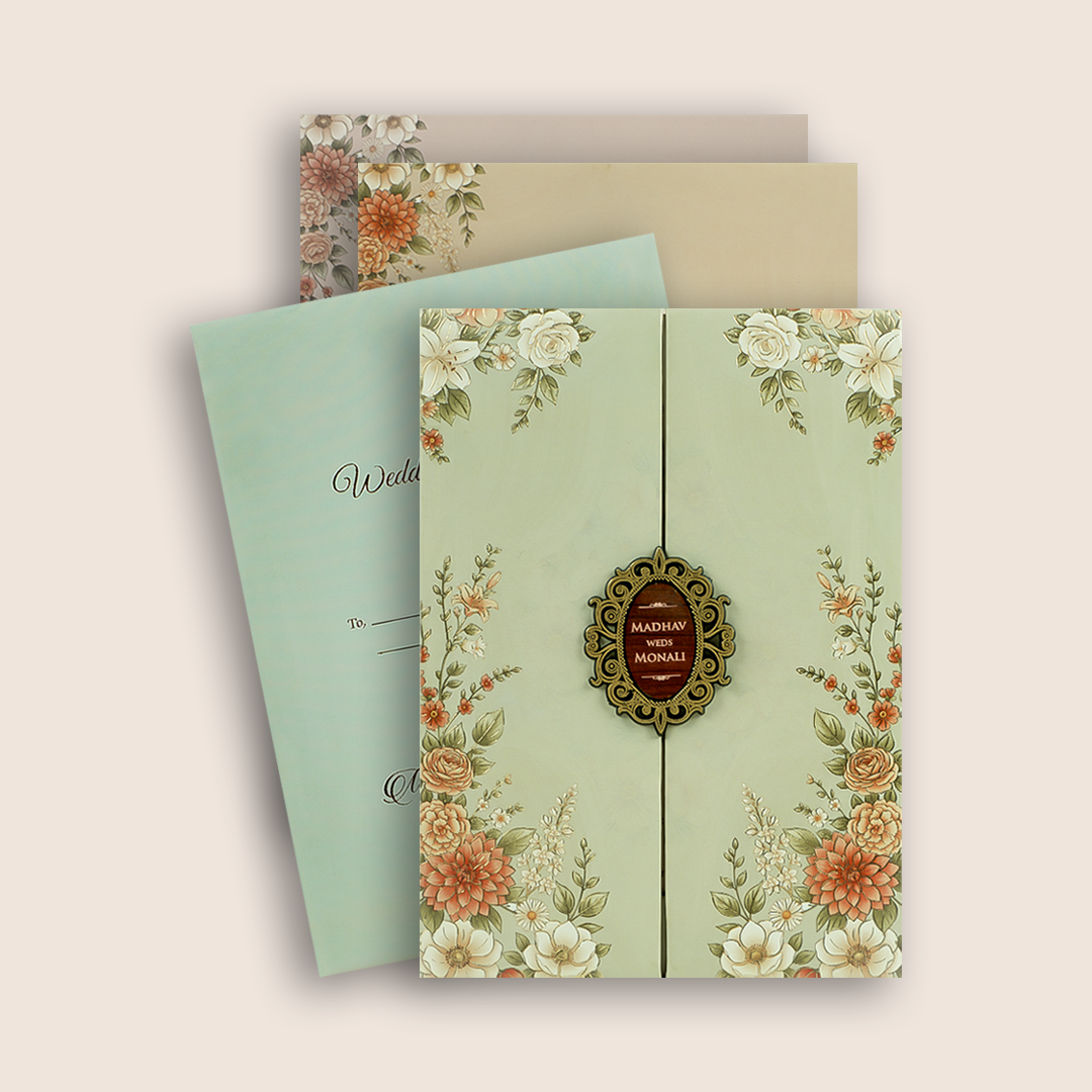 Pale Green Floral Door Style Padded Invitation Invitation - KJTS3694