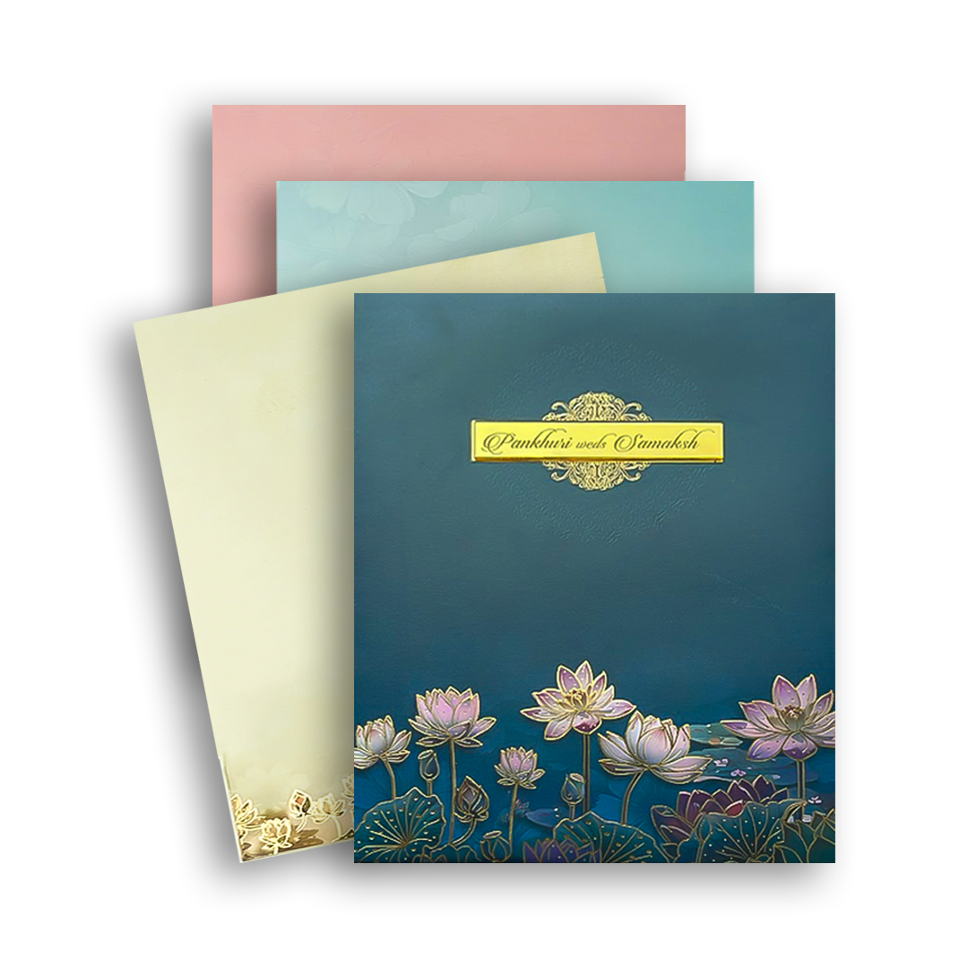 Blue Padded Lotus Wedding Invitation - KAK01350