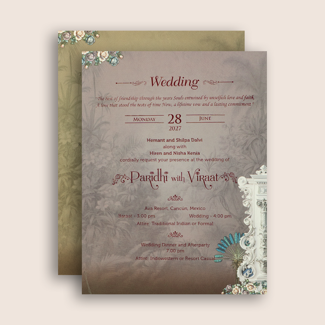 Blue Padded Floral Palace Wedding Card - KVN08010