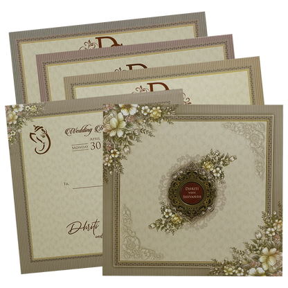 Beige &amp; Green Floral Padded Wedding Card-KSH72690