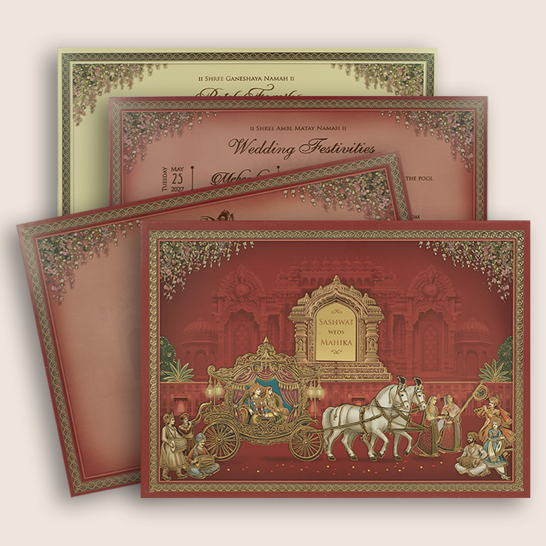 Red Horse Chariot Padded Wedding Invitation Card - KRE28750