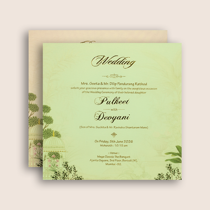 Pastel Green Jharokha Padded Door Style Wedding Card - KJTS1817