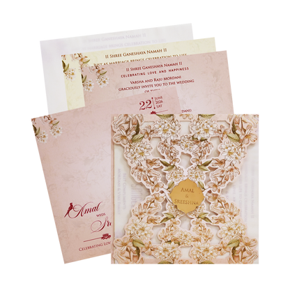 Cream Floral Laser Cut Wedding Card - KFR14230