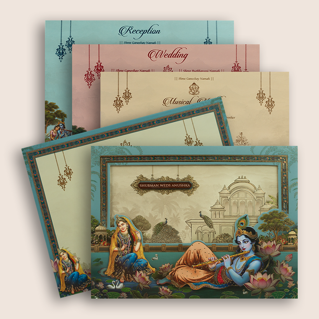 Blue Lord Radha Krishna Laser Cut Padded Wedding Card - KRB10570
