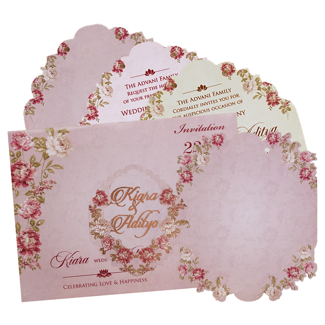 Pink Floral Cutout Wedding Card-KFR16020