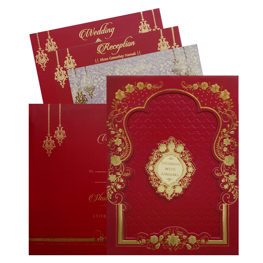 Check out Red Padded Frame Style Embossed Wedding Invitation Card with Nameplate at best price. ?WhatsApp Support ?Express Delivery.