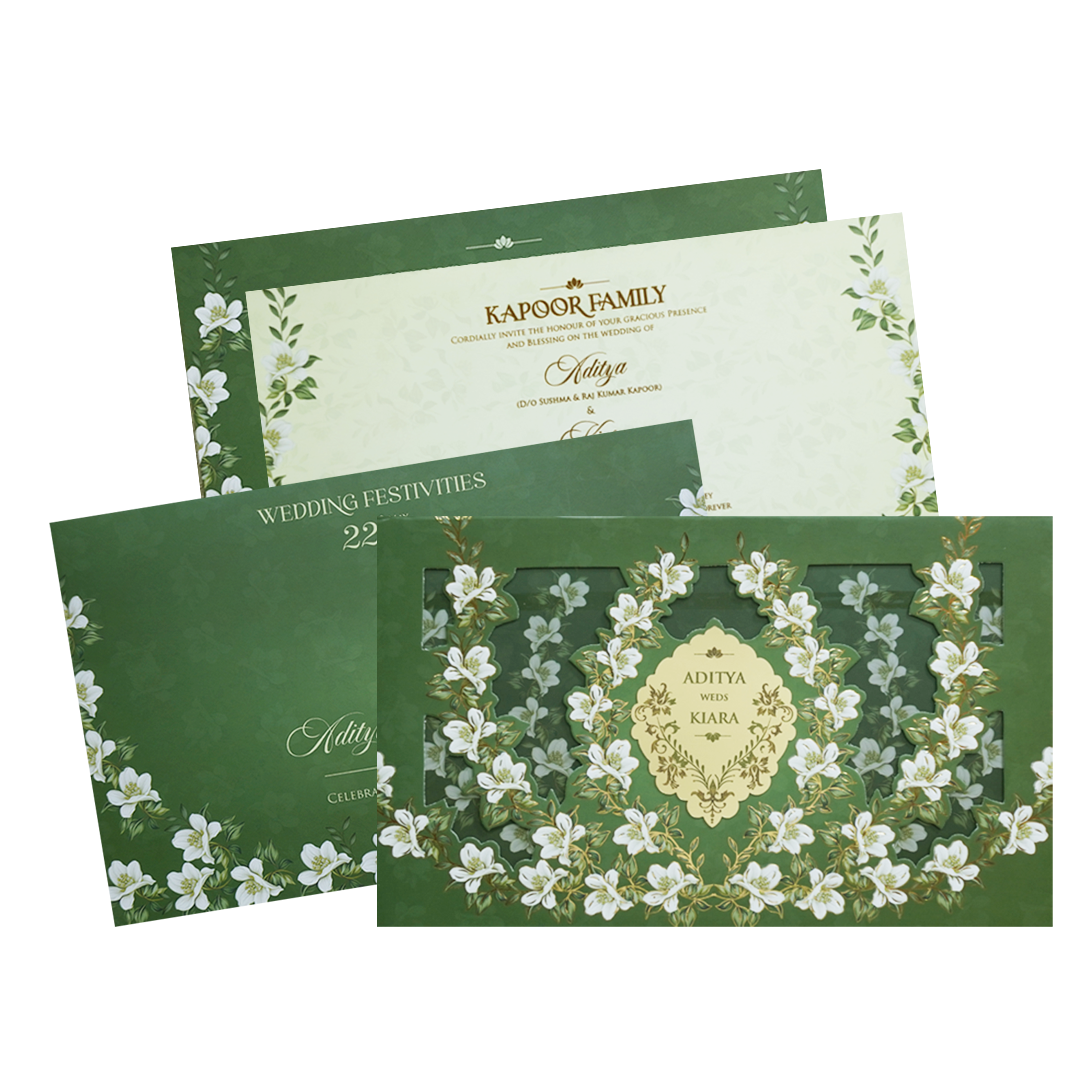 Elegant Green Floral Laser Cut Wedding Card - KFR16300