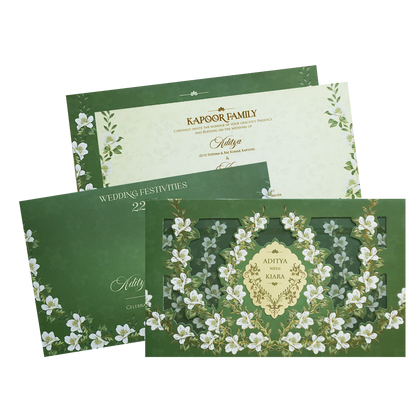 Elegant Green Floral Laser Cut Wedding Card - KFR16300