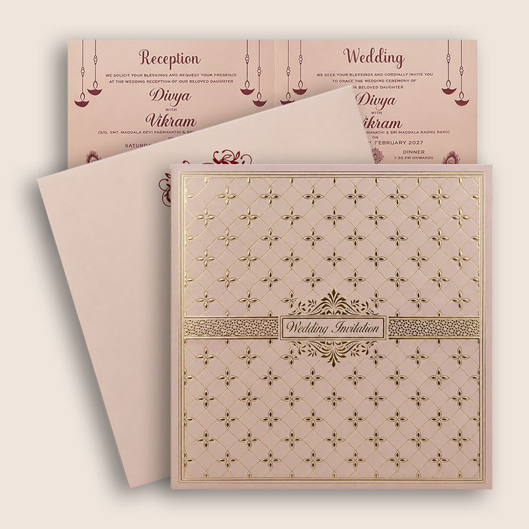 Metallic Pink Floral Pattern Wedding Invitation Card - KNPR3301P