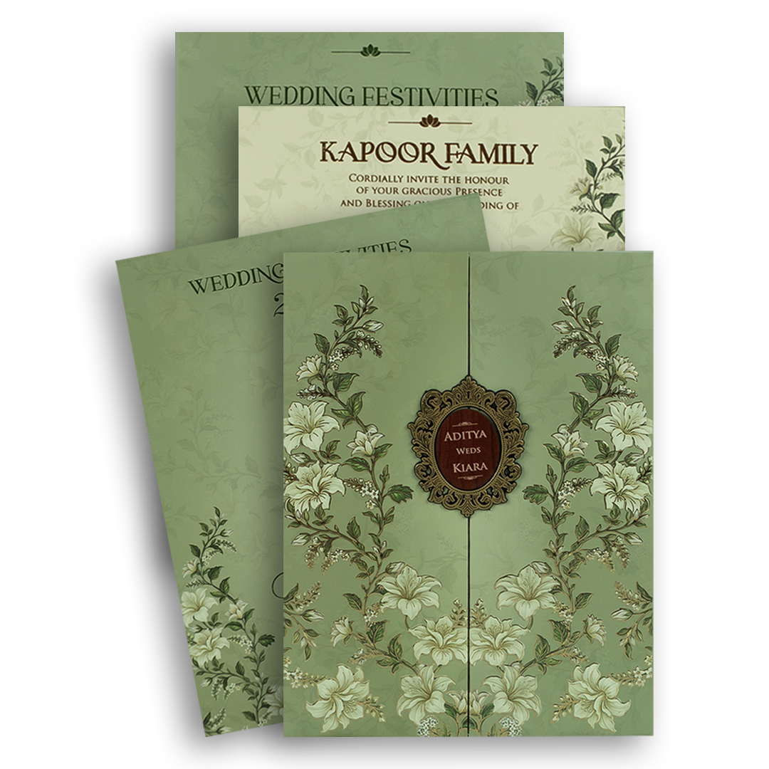 Green Embossed Lilly Flower Door Style Padded Wedding Card - KFR17510