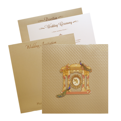 Metalic Gold Laser Cut Palace Padded Wedding Card-KMMWD1129