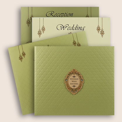 Green Embossed Floral Padded Wedding card - KRB10391