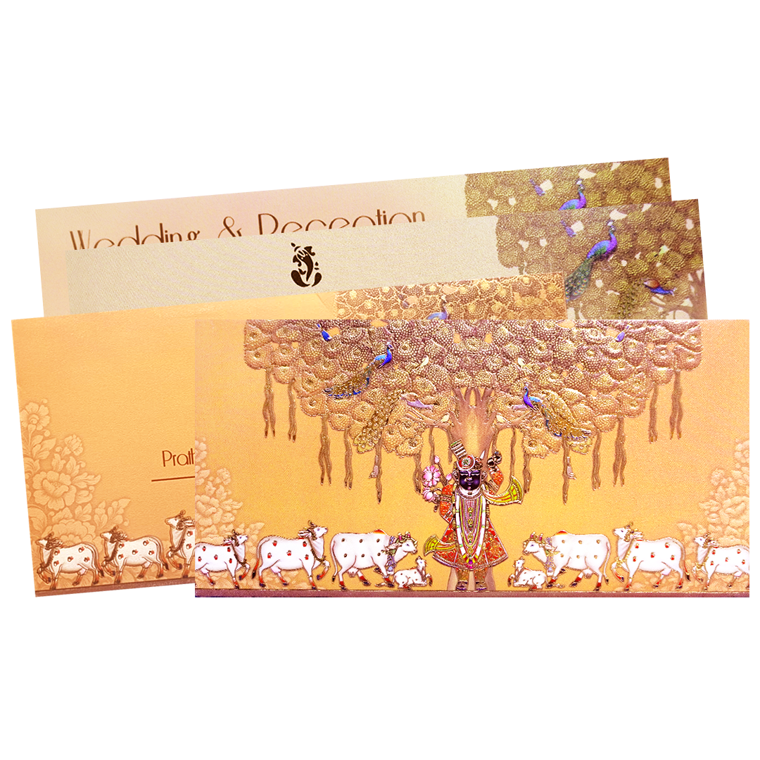 Peach Gold Embossed Shrinathji Wedding Invitation Card-KPR06460