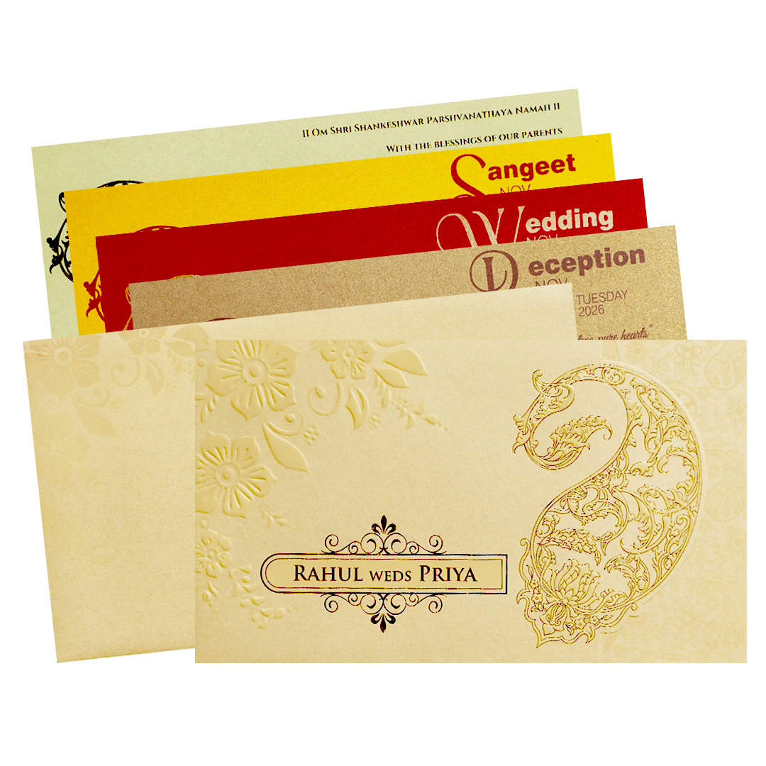 Light Yellow Gold Embossed Paisley Wedding Invitation Card-KPR06380