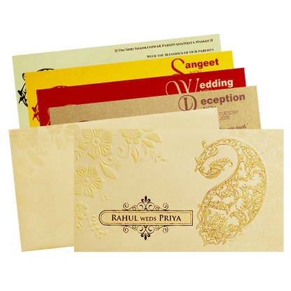 Light Yellow Gold Embossed Paisley Wedding Invitation Card-KPR06380
