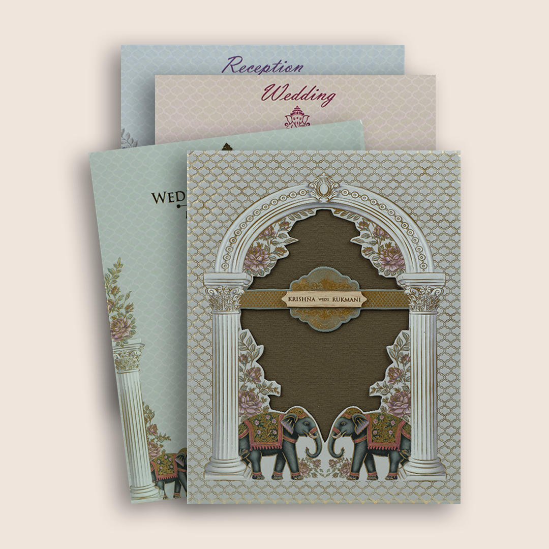 Grey Elephant Floral Laser Cut Padded Wedding Card - KJTS1939