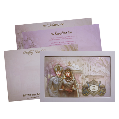 Pastel Lavender Modern Couple Peacock Laser Cut Padded Wedding Card -KMMEX8190