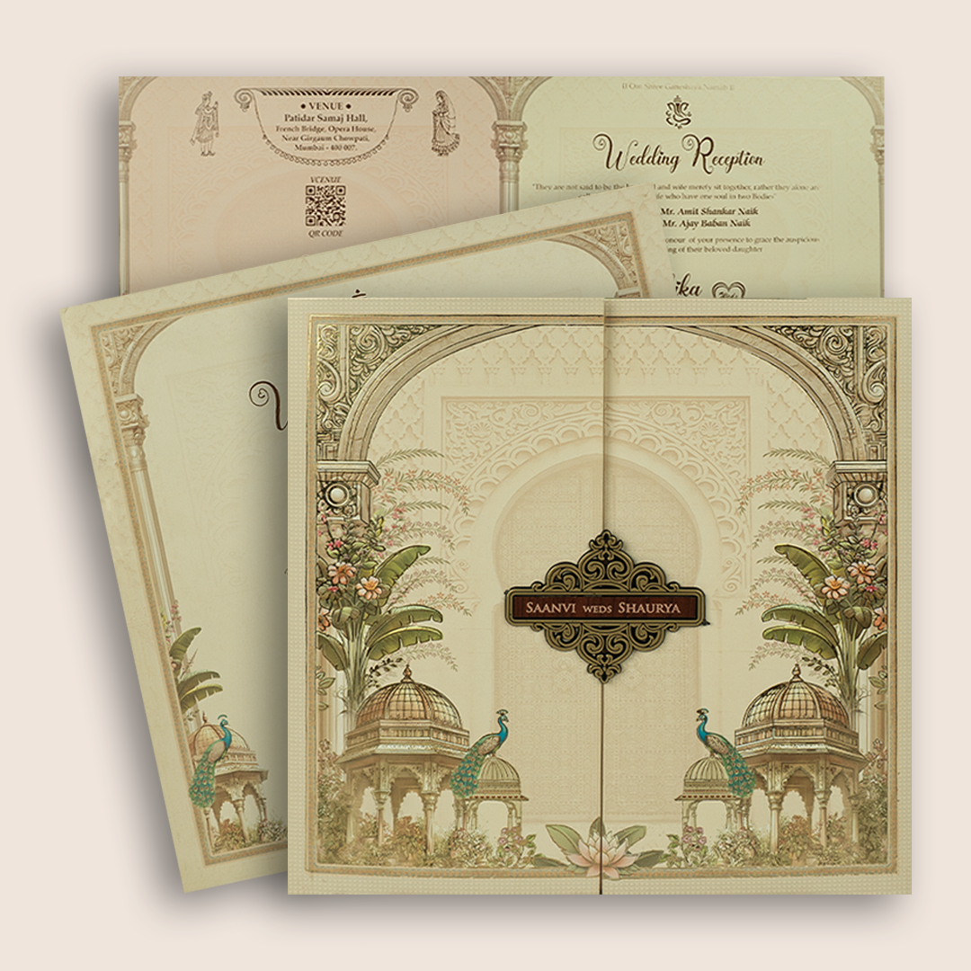 Cream Floral Padded Door Style Invitation Card - KSH73500