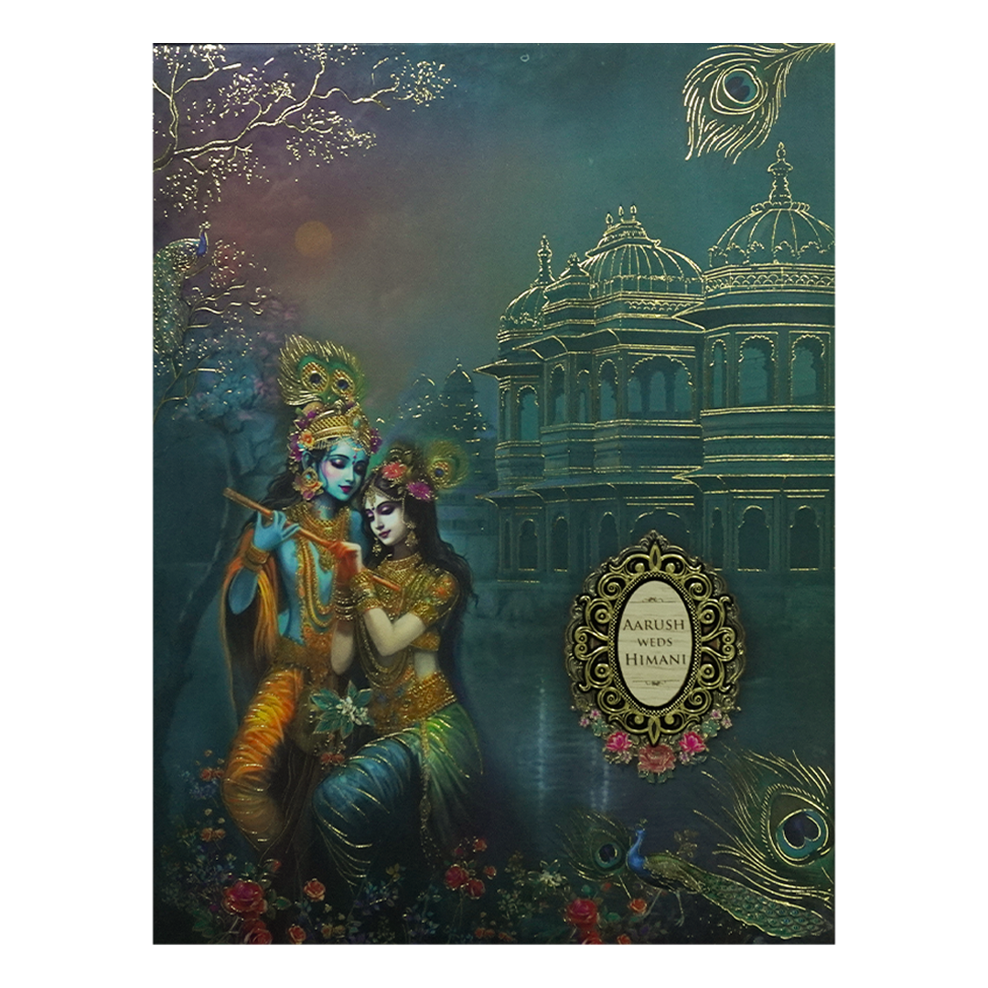 Blue Krishna Radha Padded Wedding Card-KSH72390