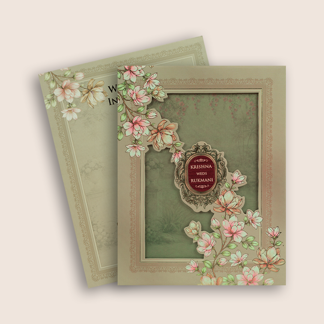 Cream Floral Laser Cut Padded Wedding Card - KJTS1915