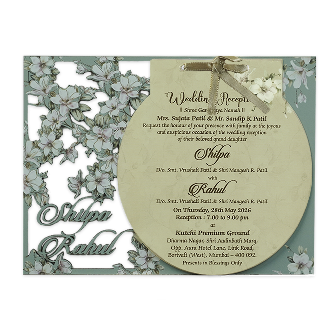 Green Laser Cut Floral Ribbon Wedding Card-KRE26740