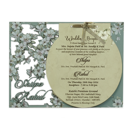 Green Laser Cut Floral Ribbon Wedding Card-KRE26740