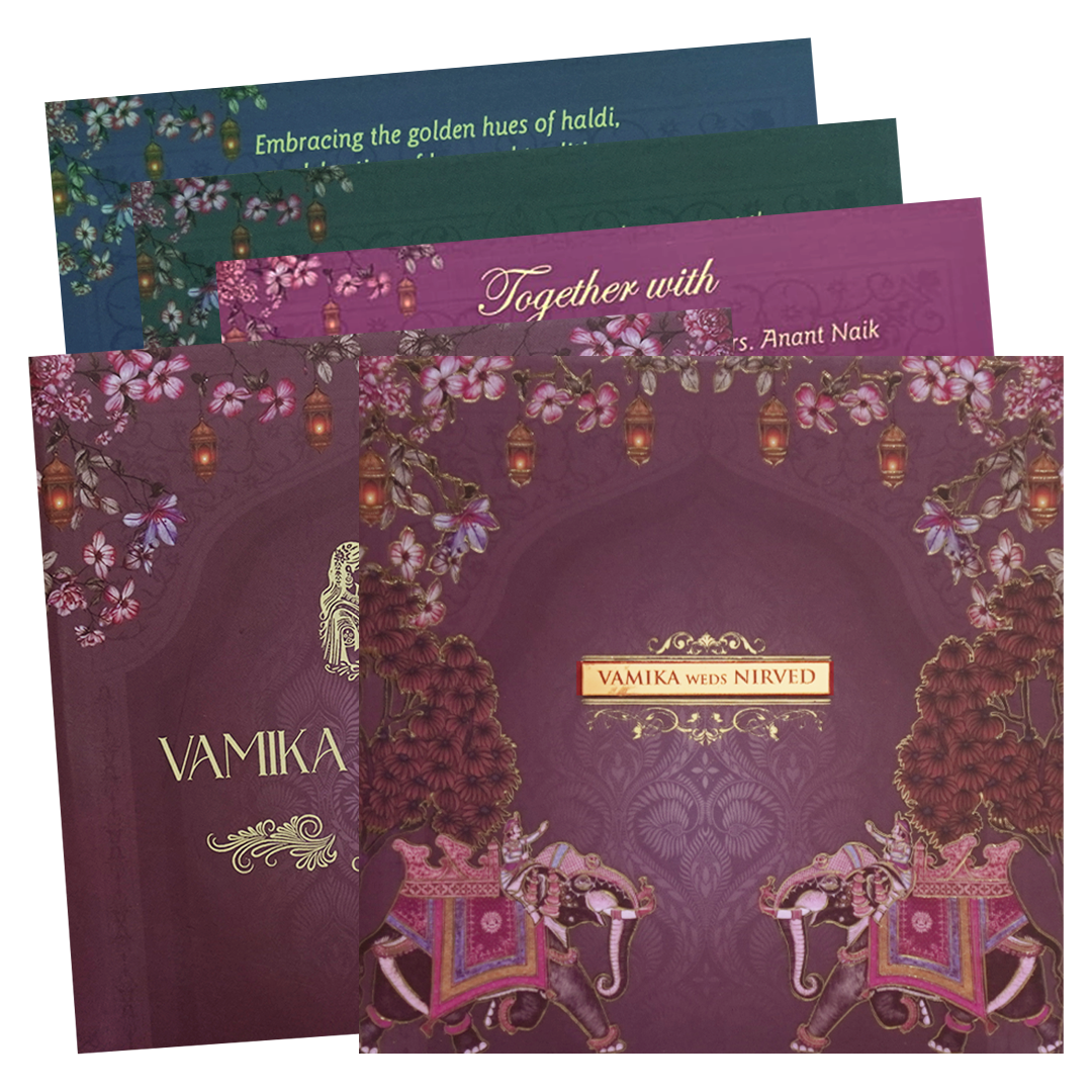 Purple Padded Lantern Elephant Wedding Card - KVN07500
