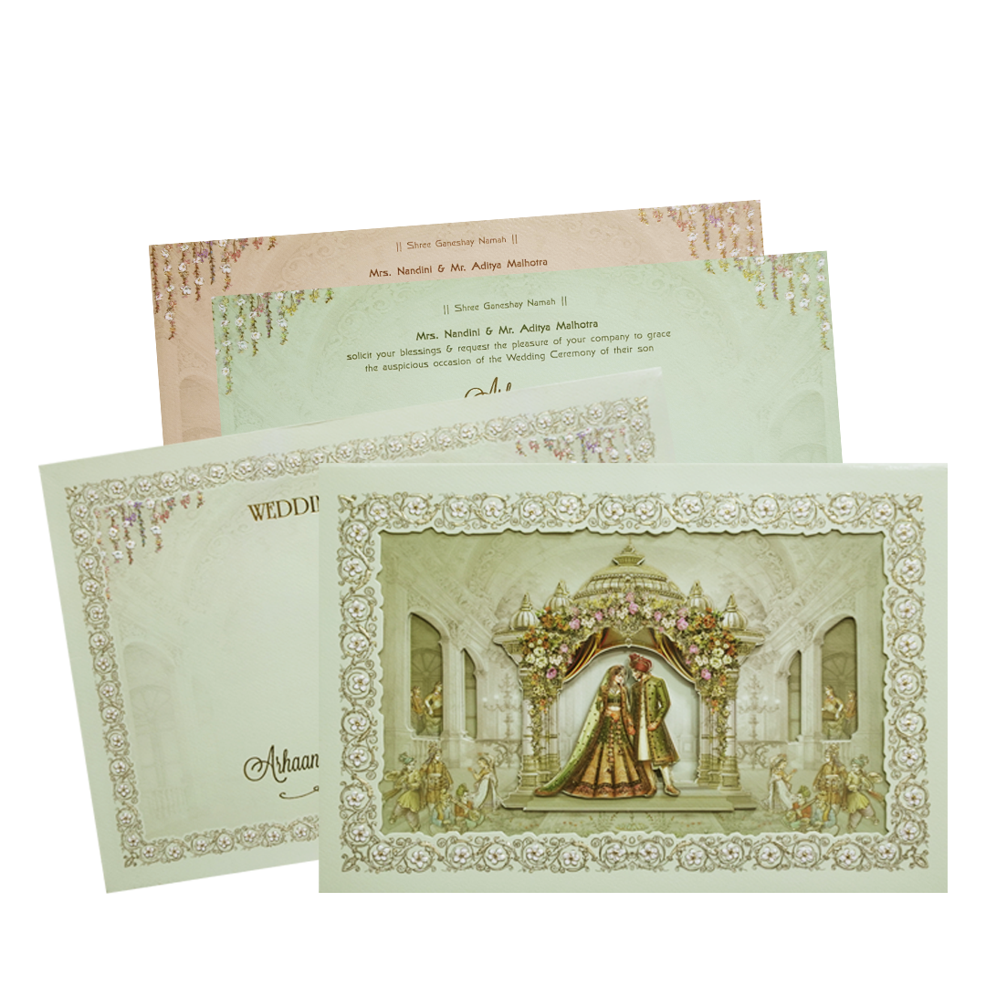 Green Gold Royal Palace Bride &amp; Groom Padded Wedding Card - KMMEX8080