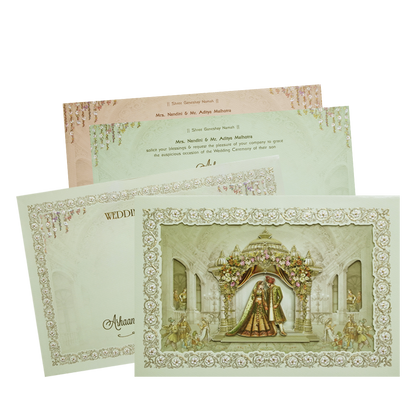 Green Gold Royal Palace Bride &amp; Groom Padded Wedding Card - KMMEX8080