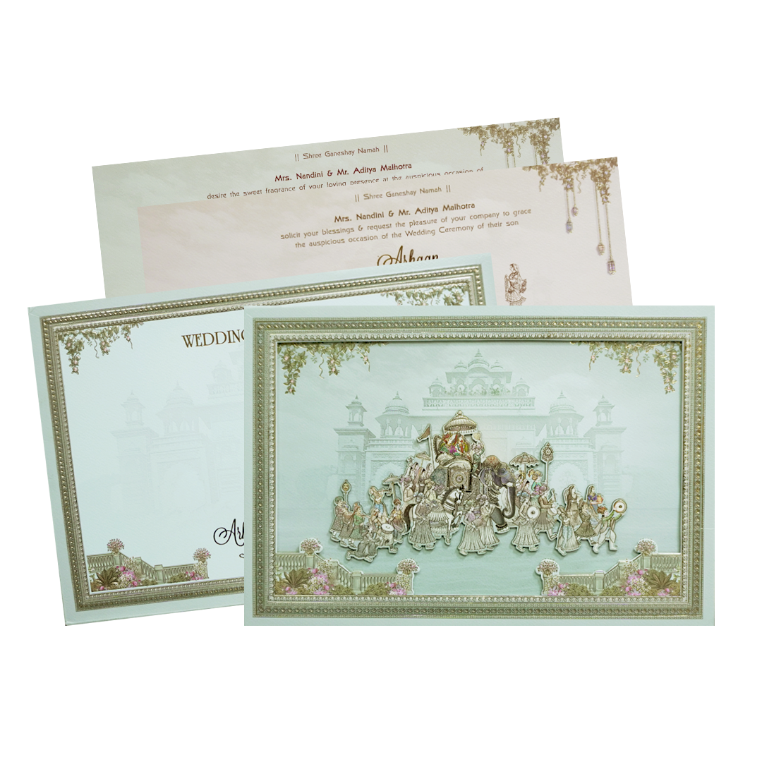 Green Laser Cut Padded Royal Procession Wedding Card - KMMEX8140