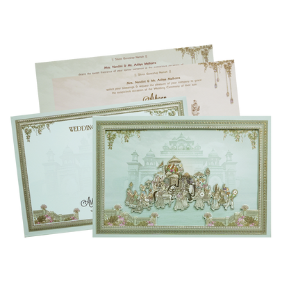 Green Laser Cut Padded Royal Procession Wedding Card - KMMEX8140