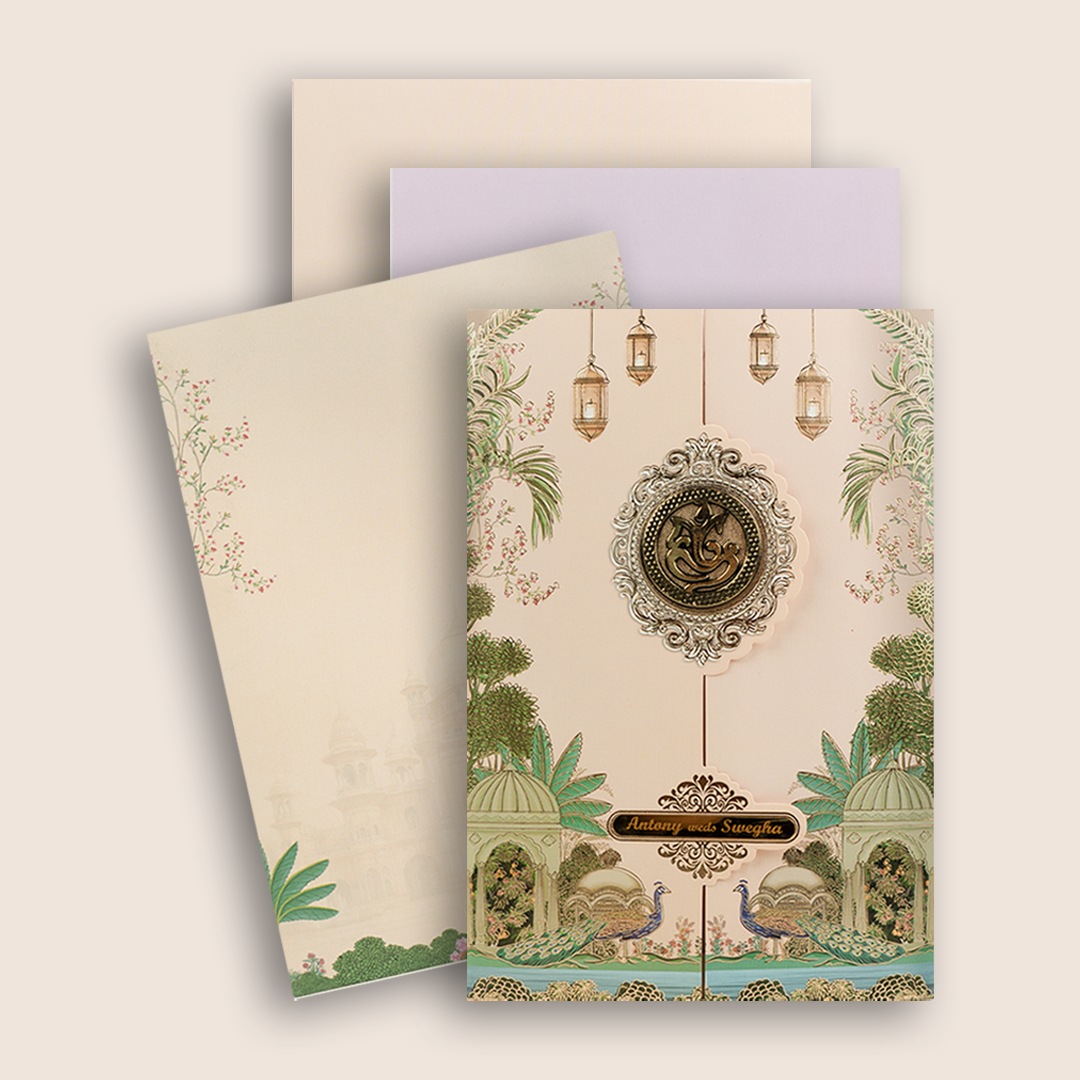 Cream Door Style Peacock Wedding Card - KNKY2601