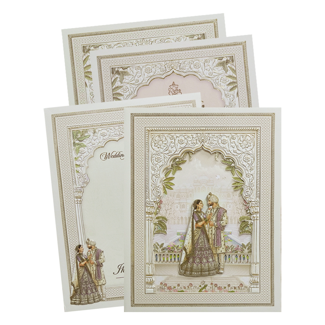Cream Padded Laser Cut Heritage Couple Wedding Card-KMMEX8170
