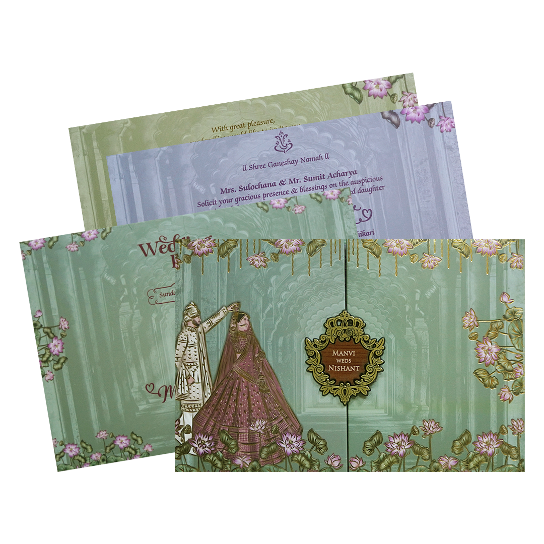 Royal Couple Lotus Arch Padded Wedding Card - KVN07370