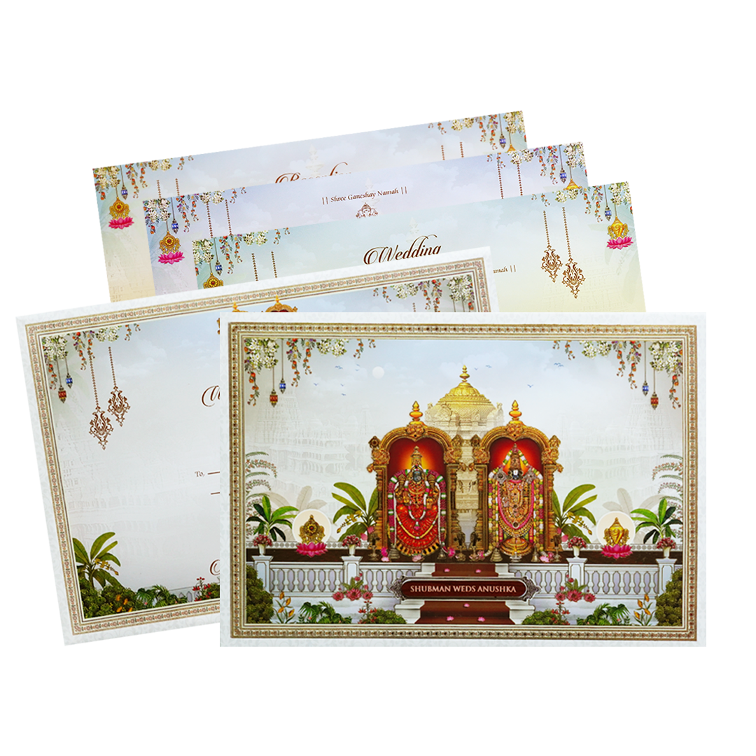 Balaji Padmavati Temple Theme Padded Gold Foil Wedding Invitation Card-KRB09620