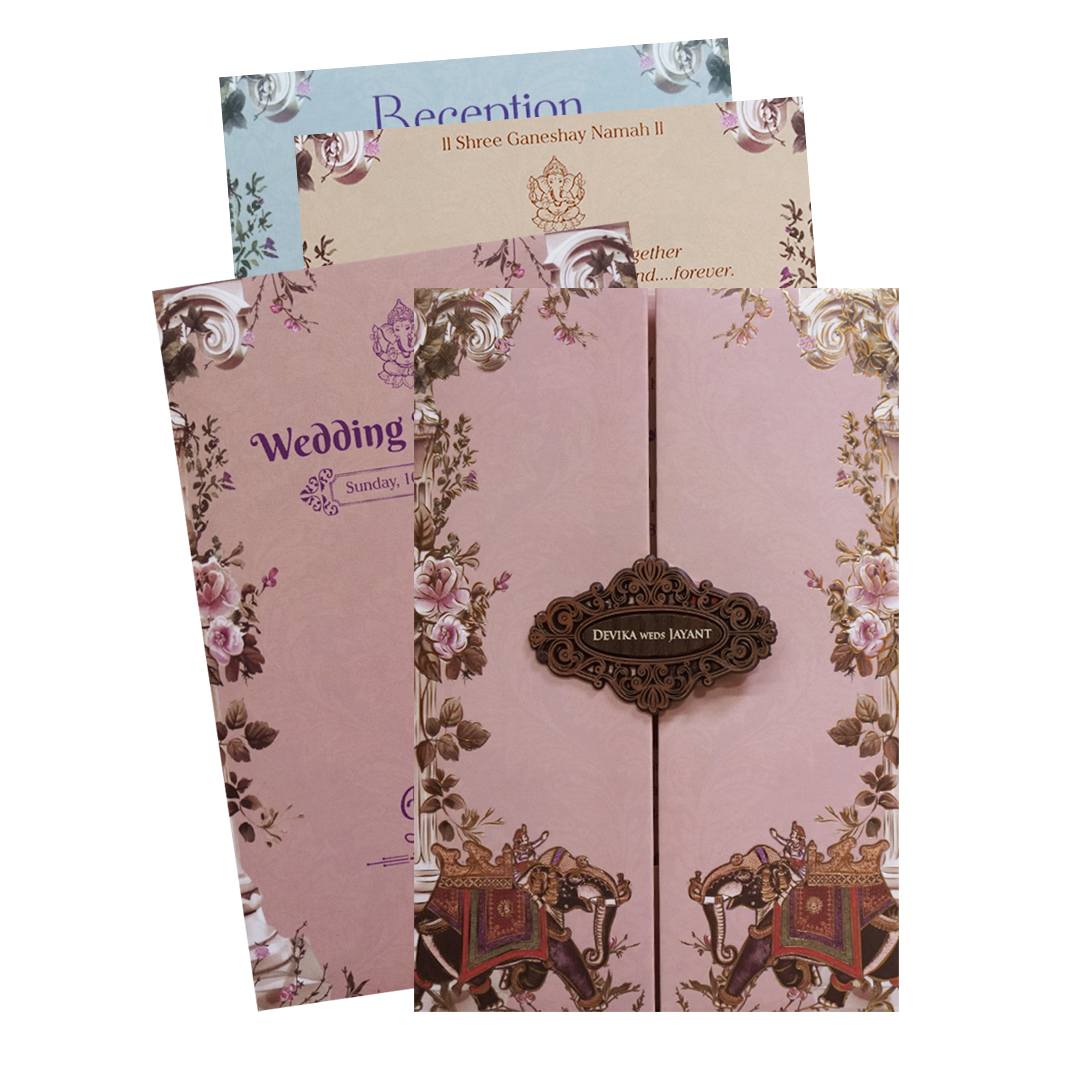Pink Floral Royal Elephant Padded Wedding Card - KVN07430