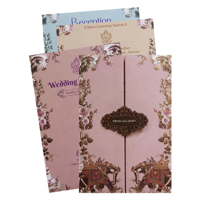 Pink Floral Royal Elephant Padded Wedding Card - KVN07430
