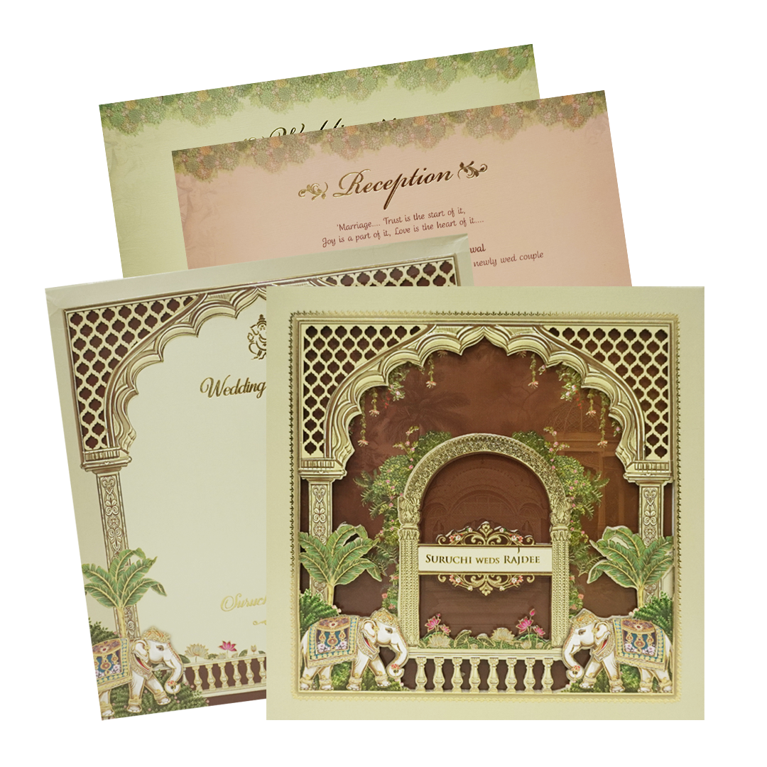 Cream Brown Laser Cut Padded Royal Elephant Arch Wedding Card - KMMEX8050