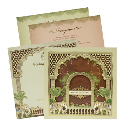 Cream Brown Laser Cut Padded Royal Elephant Arch Wedding Card - KMMEX8050